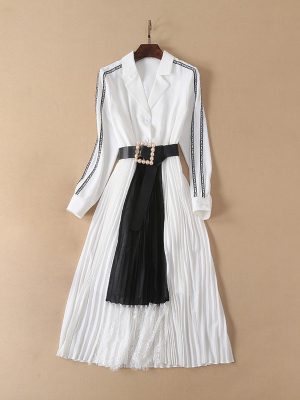 Women's Collar Color Matching Waist Lace Pleated Dress