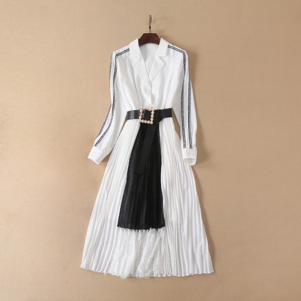 Women's Collar Color Matching Waist Lace Pleated Dress