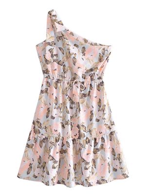 Women's One Shoulder Waist Belt Printed Dress