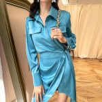 Women's Luxury Satin Tooling Pocket Mid Length Shirt Shirt Dress for Women
