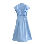 Women's Collared Ruffled Blue Tight Waist Slimming Dress