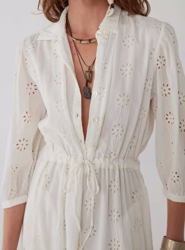 Women's   Embroidered Cotton Lapel Dress