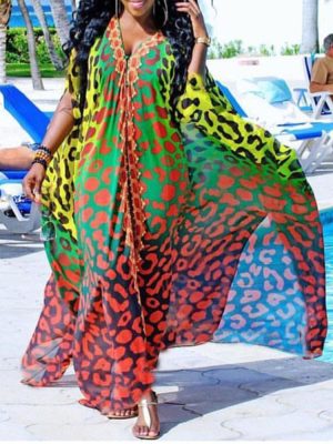 Women's  African Summer Chiffon Elegant Floor Length V neck Single Breasted Dress Plus Size