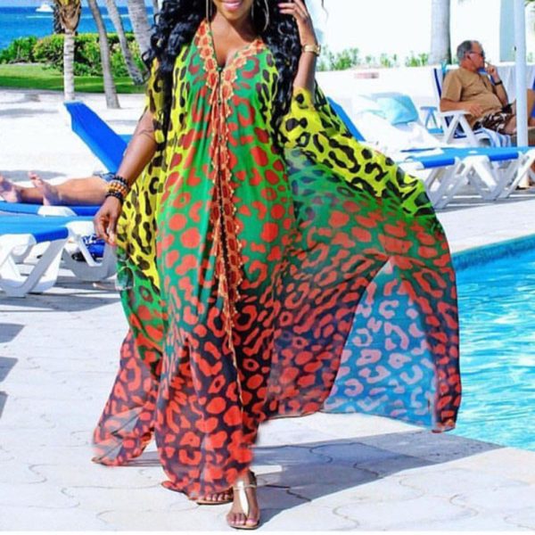 Women's  African Summer Chiffon Elegant Floor Length V neck Single Breasted Dress Plus Size
