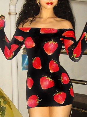 Women's Strawberry Print Short Hip Hugger Jumpsuit Off Neck Long Sleeve Women Dress Autumn