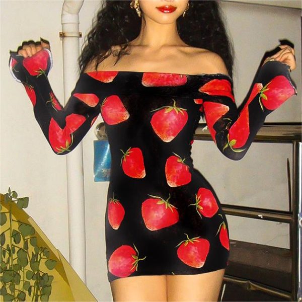 Women's Strawberry Print Short Hip Hugger Jumpsuit Off Neck Long Sleeve Women Dress Autumn