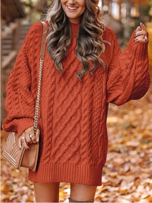 Women's Sleeve Twisted Knitted Thick Needle Pullover Mid Length Sweater Women Dress