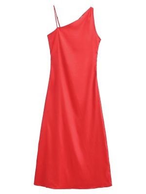 Women's Silk Satin Texture Midi Dinner Engagement Slant Shoulder Camisole Gown Dress Women