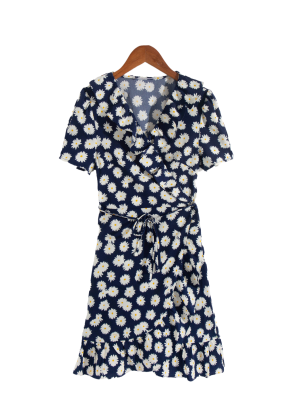 Women's Sleeve Daisy Printed Wrap Dress