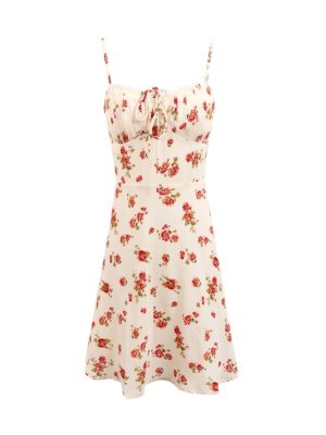 Women's    Vintage Girlish Fresh Slim Fit Floral Pattern over Beige Background Strap Dress