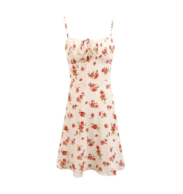 Women's    Vintage Girlish Fresh Slim Fit Floral Pattern over Beige Background Strap Dress