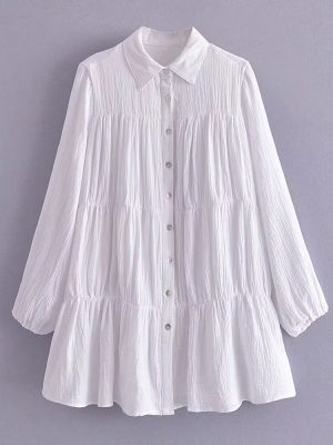 Women's  Pleated Shirt Dress Spring Polo Collar Loose White Dress