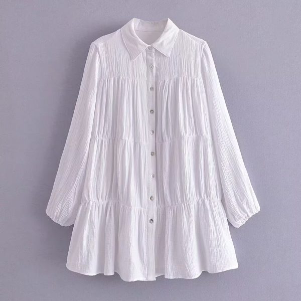 Women's  Pleated Shirt Dress Spring Polo Collar Loose White Dress