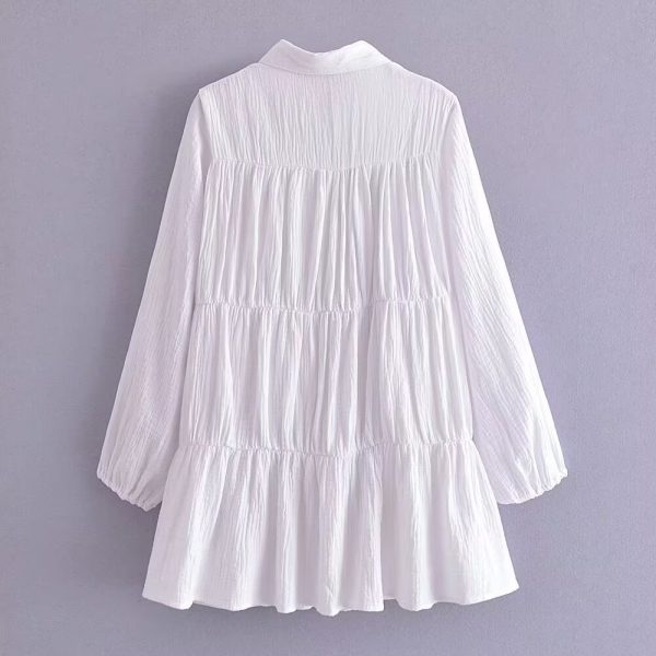 Women's  Pleated Shirt Dress Spring Polo Collar Loose White Dress