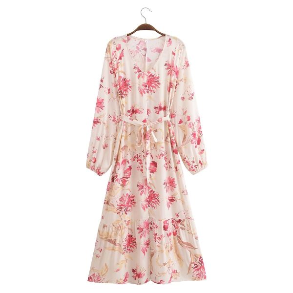 Women's V Neck Long Sleeve Printed Mid Length Shirt Dress Women