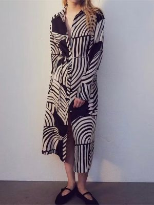 Women's  Clothing Geometric Abstract Figure Belt Long Shirt Dress