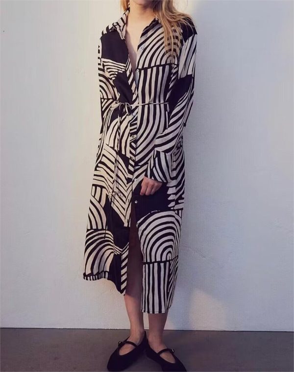 Women's  Clothing Geometric Abstract Figure Belt Long Shirt Dress