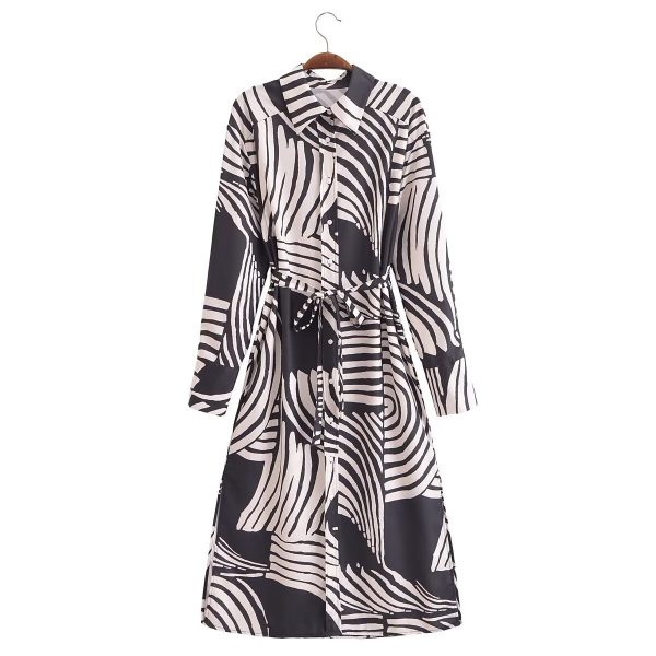 Women's  Clothing Geometric Abstract Figure Belt Long Shirt Dress