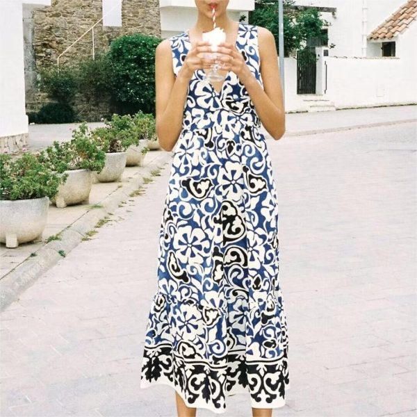 Women's  Printed V Neck Backless Slimming Dress