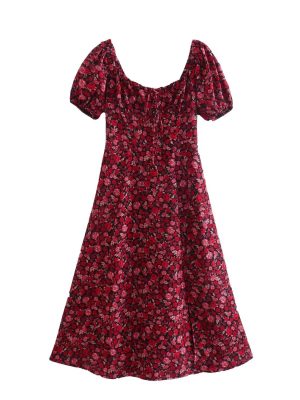 Women's  Clothing French Print Drawstring Floral Short Sleeve Dress