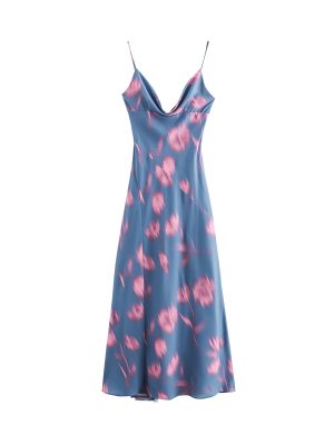 Women's Spring Draped Collar Printing Slip Dress Maxi Dress