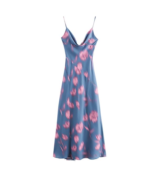 Women's Spring Draped Collar Printing Slip Dress Maxi Dress