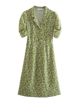 Women's Vintage Suit Collar Floral Tea Dress Waist Slimming Mature Elegant Dress