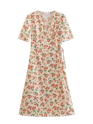 Women's neck Wrap Little Daisy Cherry Floral Dress