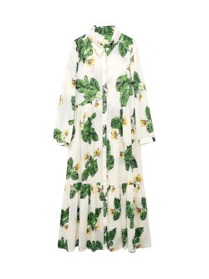 Women's Summer  Clothing Simple Floral Print Long Sleeve Dress