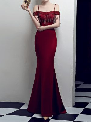 Women's  Fashionable Fishtail Slim Fit Long Cocktail Elegant Red Evening Dress Women