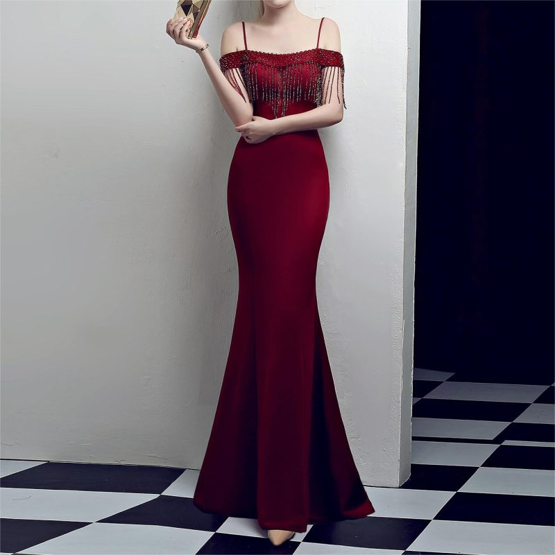 Women's  Fashionable Fishtail Slim Fit Long Cocktail Elegant Red Evening Dress Women