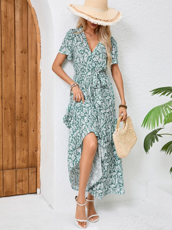 Women's Summer Printed V Neck Tie A Line Maxi Dress