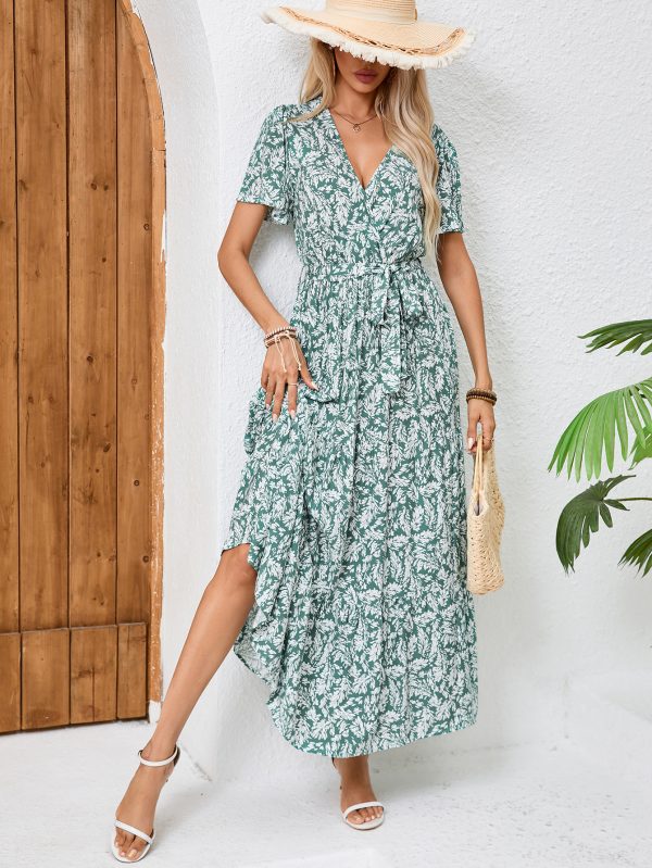 Women's Summer Printed V Neck Tie A Line Maxi Dress