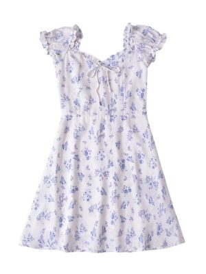 Women's Floral Printed Square Collar Lace up Bow Flying Sleeve A line Dress