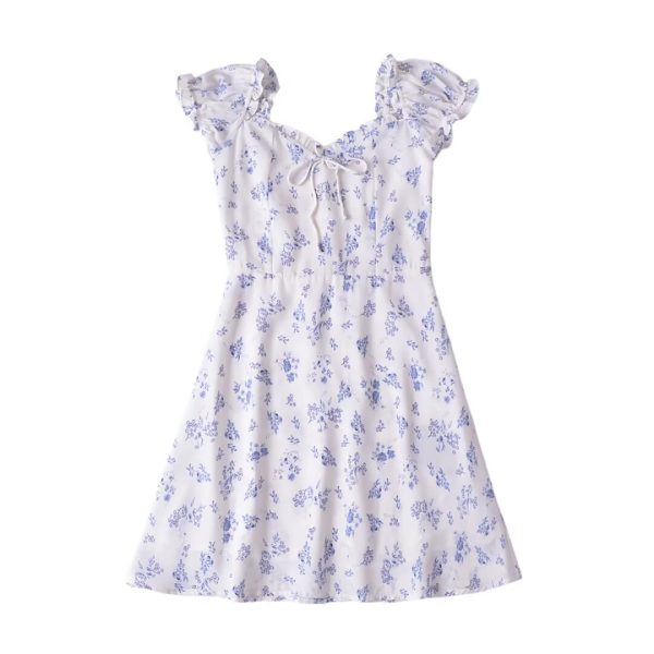 Women's Floral Printed Square Collar Lace up Bow Flying Sleeve A line Dress