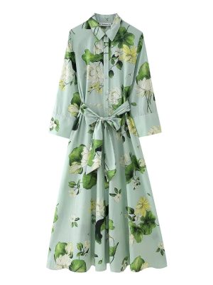 Women's Floral Print Tied Shirt Long Sleeve Dress