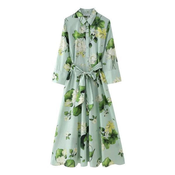 Women's Floral Print Tied Shirt Long Sleeve Dress