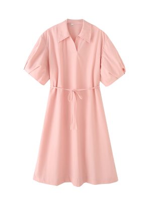 Women's  Solid Color Pure Cotton Tied Shirt Short Sleeve Casual Dress