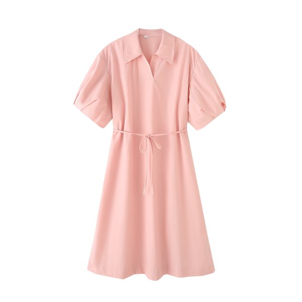 Women's  Solid Color Pure Cotton Tied Shirt Short Sleeve Casual Dress