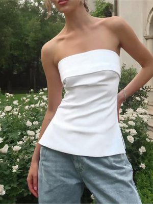 Women's Clothing Summer Solid Color Casual Polo Collar Tube Top Backless Slim Fit Slit T Shirt Top