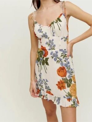 Women's Summer  Floral Print High Waist Sexy Side Split Hem Sling Dress