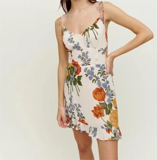 Women's Summer  Floral Print High Waist Sexy Side Split Hem Sling Dress