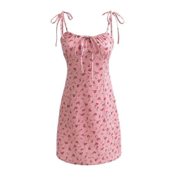 Women's Rose Lace up Sleeveless Waist Floral Holiday Dress