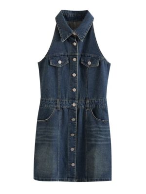 Women's  Clothing Polo Collar Sleeveless Shirt Loose Casual Denim Dress