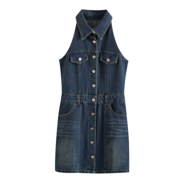 Women's  Clothing Polo Collar Sleeveless Shirt Loose Casual Denim Dress