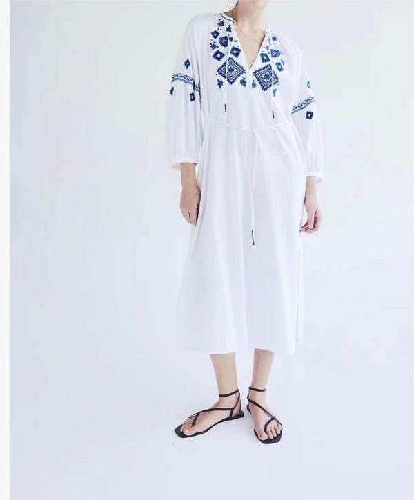 Women's Summer Cotton Linen Tassel Embroidery Loose Dress