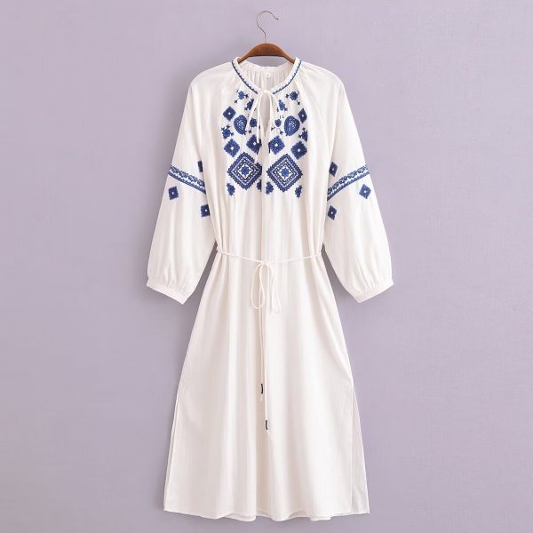 Women's Summer Cotton Linen Tassel Embroidery Loose Dress