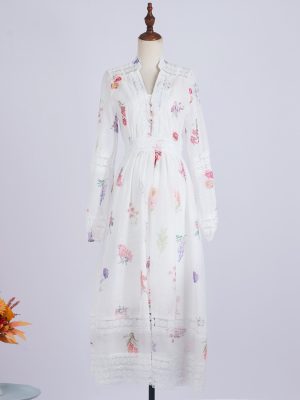 Women's   Neck Floral Button White Fairy Print Dress