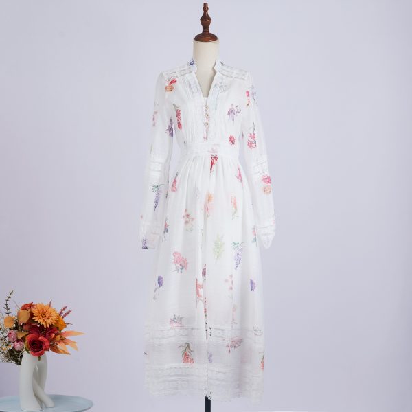 Women's   Neck Floral Button White Fairy Print Dress