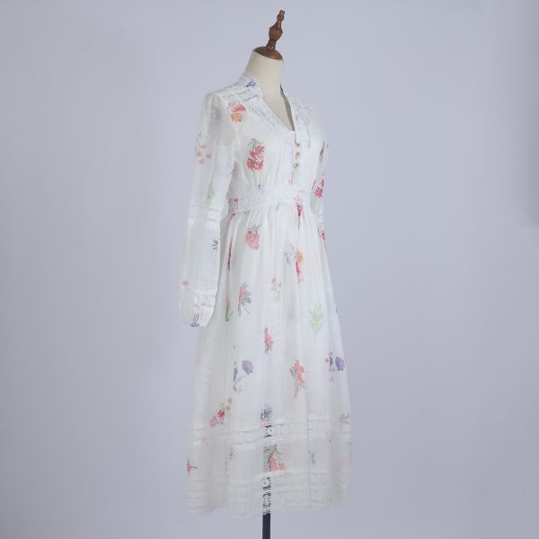 Women's   Neck Floral Button White Fairy Print Dress